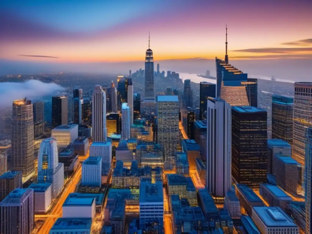 Skyline moderno al atardecer: inversión inmobiliaria global en acción Vista detallada de una ciudad moderna al atardecer, con rascacielos futuristas y luces cálidas de la ciudad