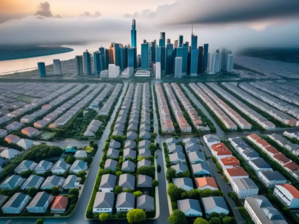 Inmuebles con Seguro: Detalles Urbanos y Protección en Zona de Riesgo Vista detallada de la ciudad con diferentes niveles de cobertura de seguros para inversionistas inmobiliarios internacionales