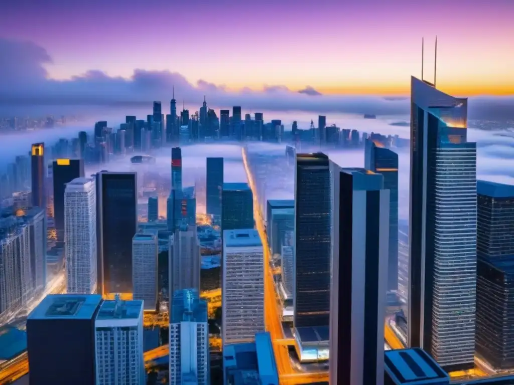 Horizonte urbano moderno y vibrante al atardecer en 8k Vista detallada de la ciudad al anochecer con rascacielos modernos iluminados, reflejando luces urbanas