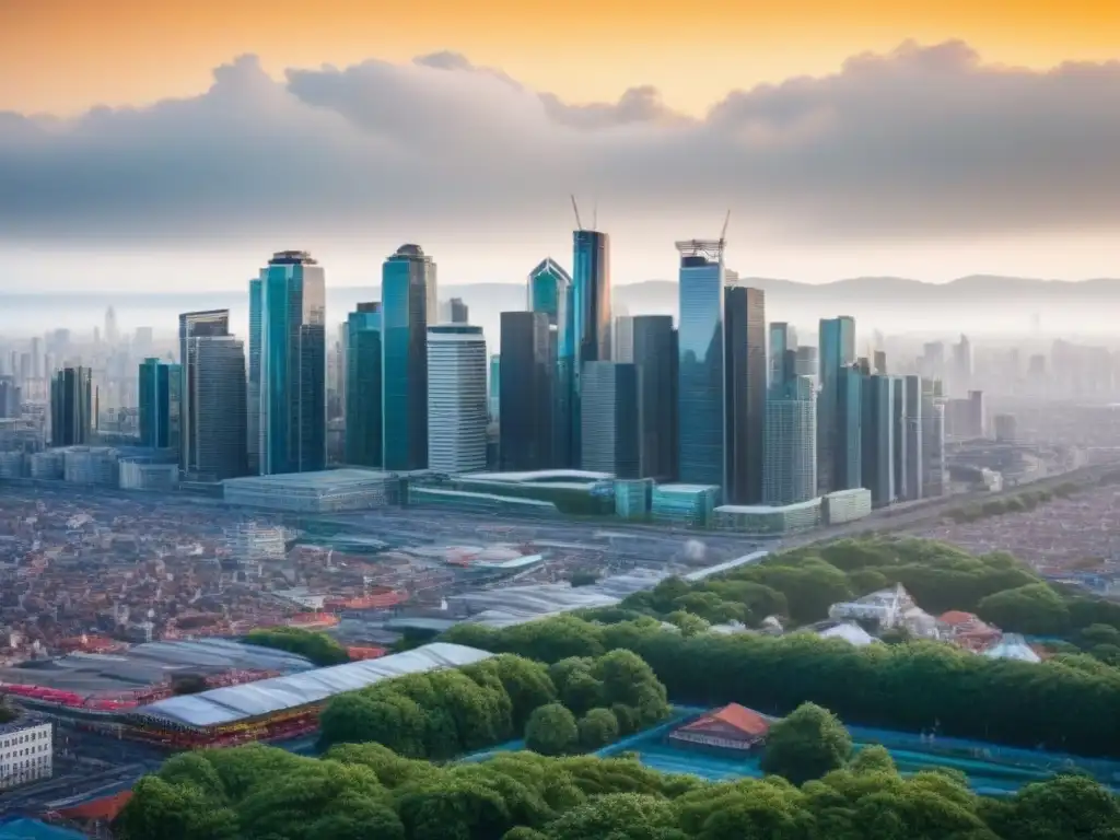 Metrópolis multicultural: impacto global de la migración en la arquitectura urbana Vista detallada de una ciudad vibrante con rascacielos diversos, reflejando el impacto de la migración en el mercado inmobiliario a nivel mundial