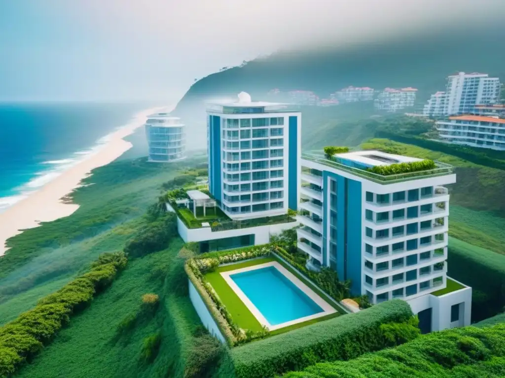 Complejo de rascacielos en zona costera: armonía urbana y natural Vista detallada de un complejo moderno en zona costera, rodeado de vegetación y con vista al mar bajo cielo azul