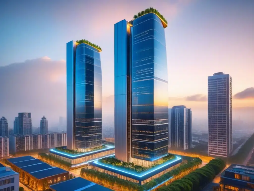 Complejo futurista: tecnología PropTech y sostenibilidad en arquitectura Vista detallada de un complejo de rascacielos futuristas en una metrópolis, destacando características PropTech