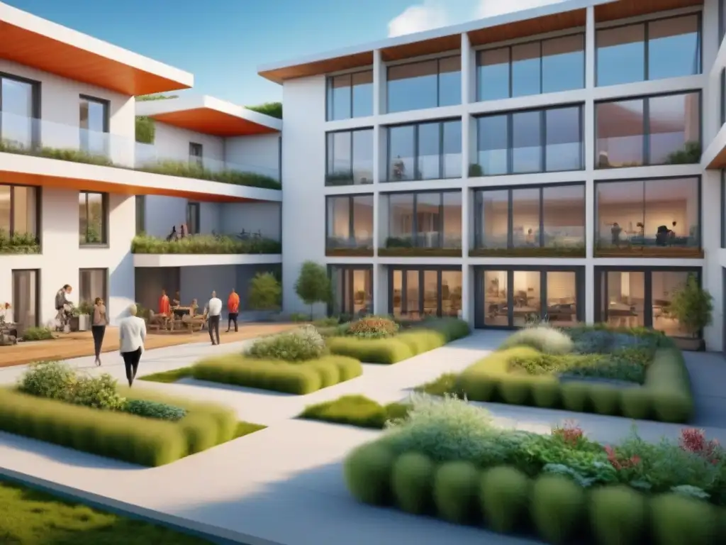 Comunidad futurista: diseño sostenible y diversidad en cohousing Una vista detallada de una comunidad de cohousing futurista con diseño sostenible innovador