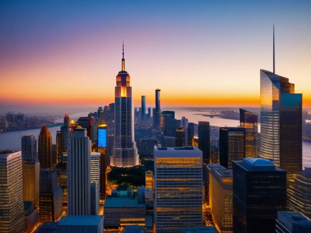 Skyline global: atardecer en distrito financiero Vista detallada de distrito financiero global con rascacielos representando economías, bajo cielo iluminado por sol poniente, simbolizando interconexión del mercado inmobiliario global en medio de fluctuaciones cambiarias