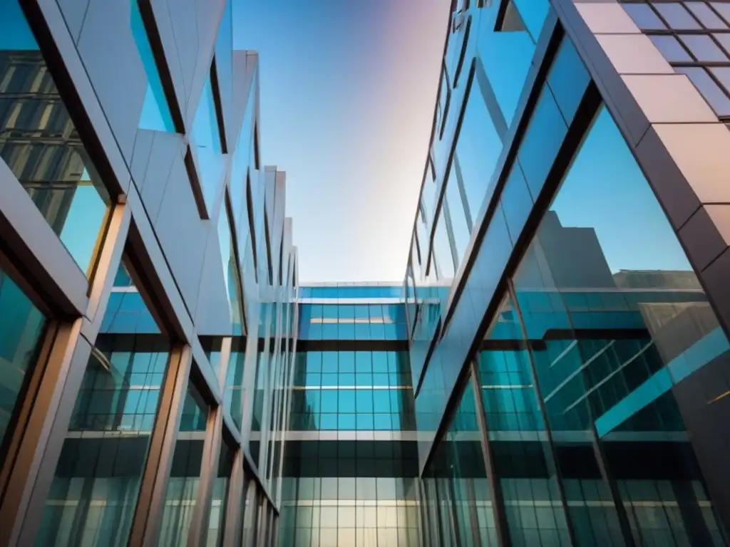 Edificio moderno de oficinas: innovación y sofisticación Vista detallada de un edificio de oficinas futurista con elementos de vidrio, acero y concreto