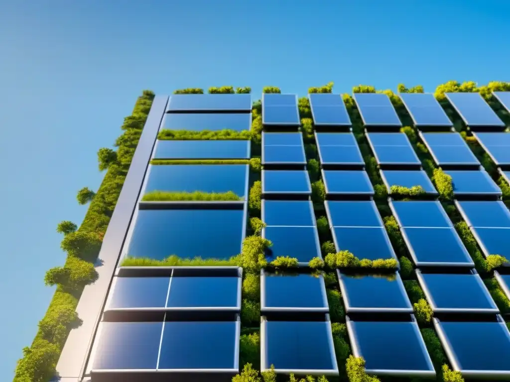 Edificio sostenible futurista con paneles solares y vegetación Vista detallada 8k de un edificio sostenible futurista con paneles solares integrados, rodeado de vegetación y cielo azul