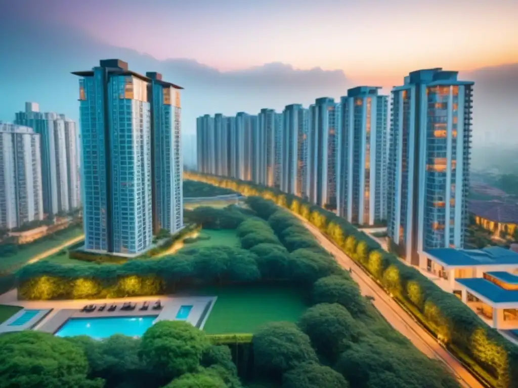 Arquitectura multicultural en ciudades internacionales Vista detallada de edificios multifamiliares modernos en ciudades internacionales, reflejando la diversidad cultural e inversión en mercado inmobiliario internacional