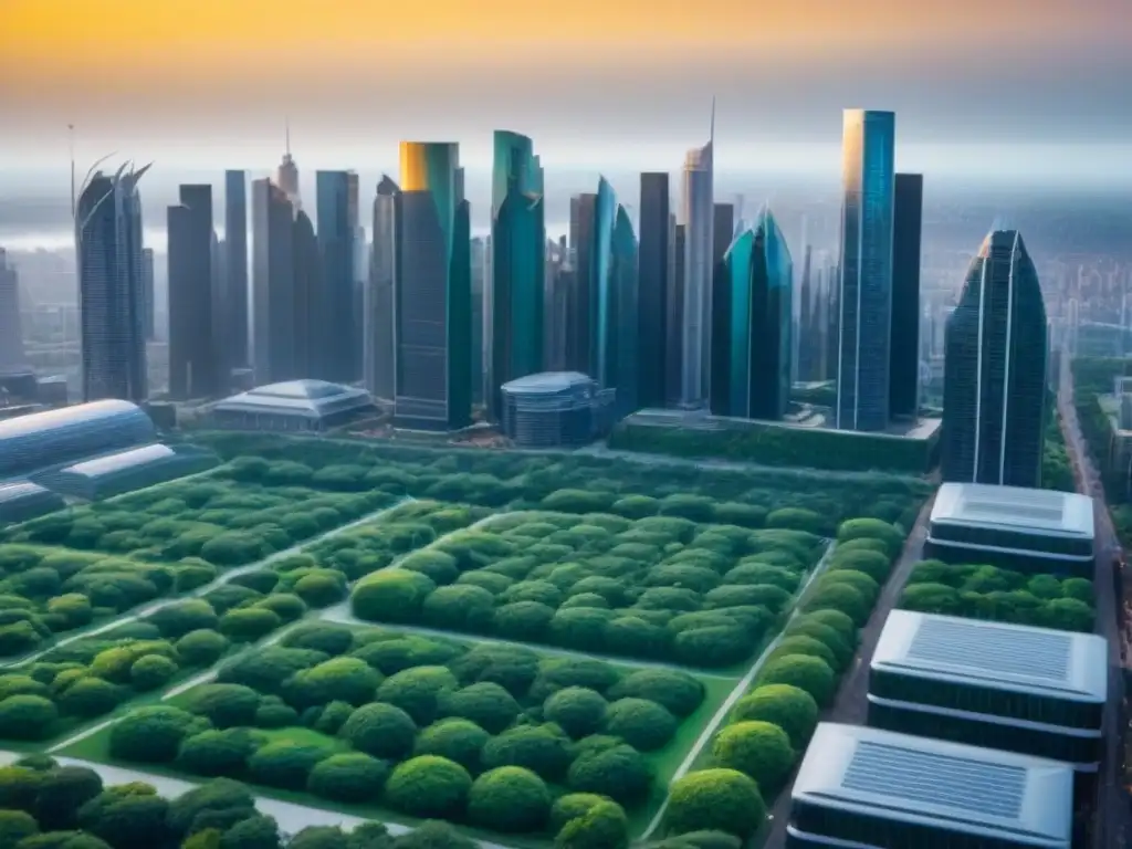 Skyline moderno: innovación y naturaleza en armonía Vista detallada de un horizonte de rascacielos modernos, reflejando una ciudad vibrante con espacios verdes y diseños arquitectónicos futuristas