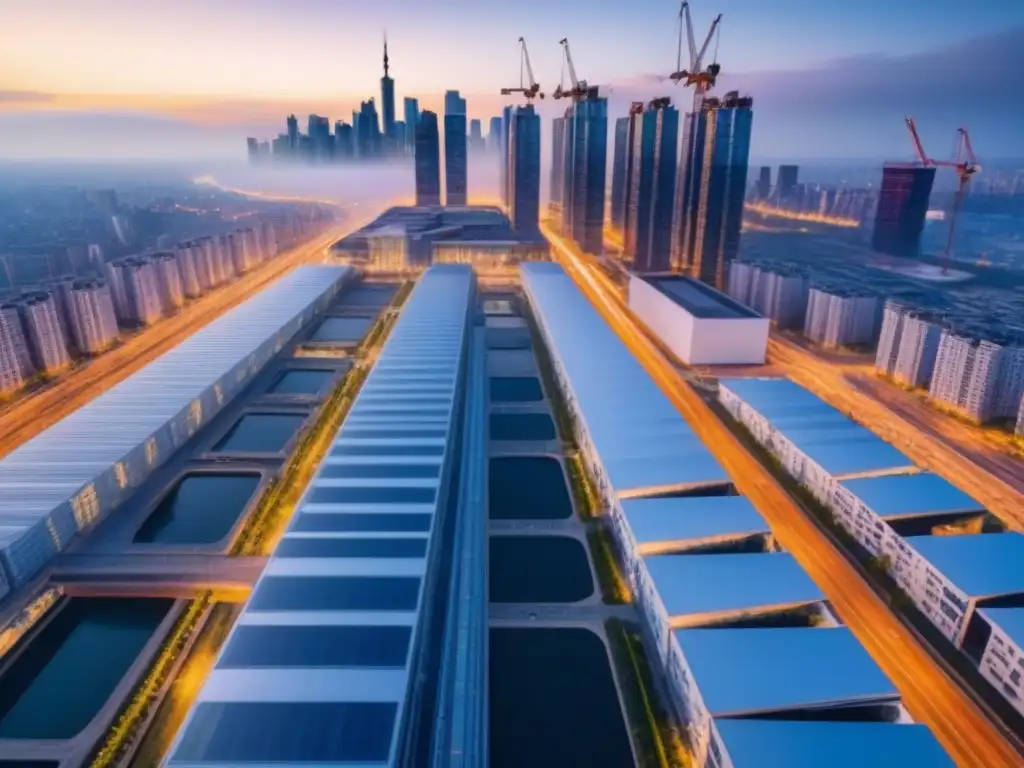 Proyecto arquitectónico sustentable en una ciudad global Vista detallada de un impresionante proyecto de renovación inmobiliaria global integrando tecnología y diseño innovador en una ciudad bulliciosa