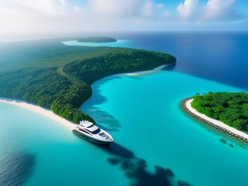 Exclusiva isla privada de ensueño: lujo y relax en paraíso turquesa Vista detallada de isla privada de lujo con villa moderna, piscina infinita y yate