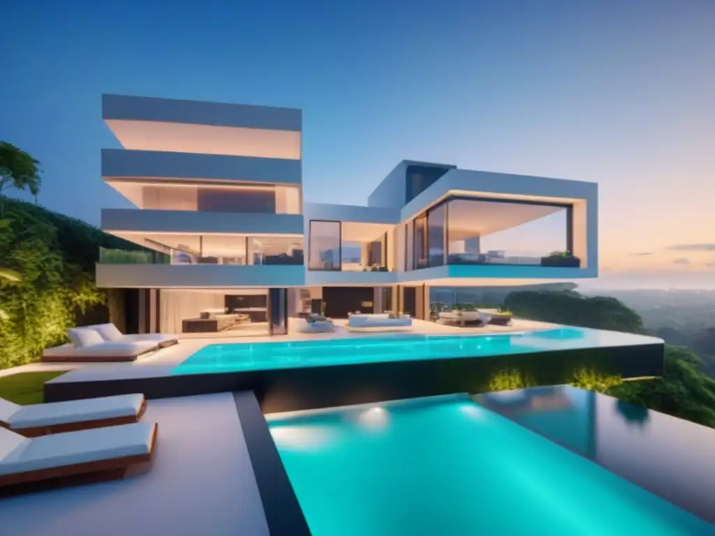 Residencia de lujo inteligente: diseño futurista y tecnología avanzada Vista detallada de una lujosa mansión inteligente con diseño futurista y tecnología avanzada