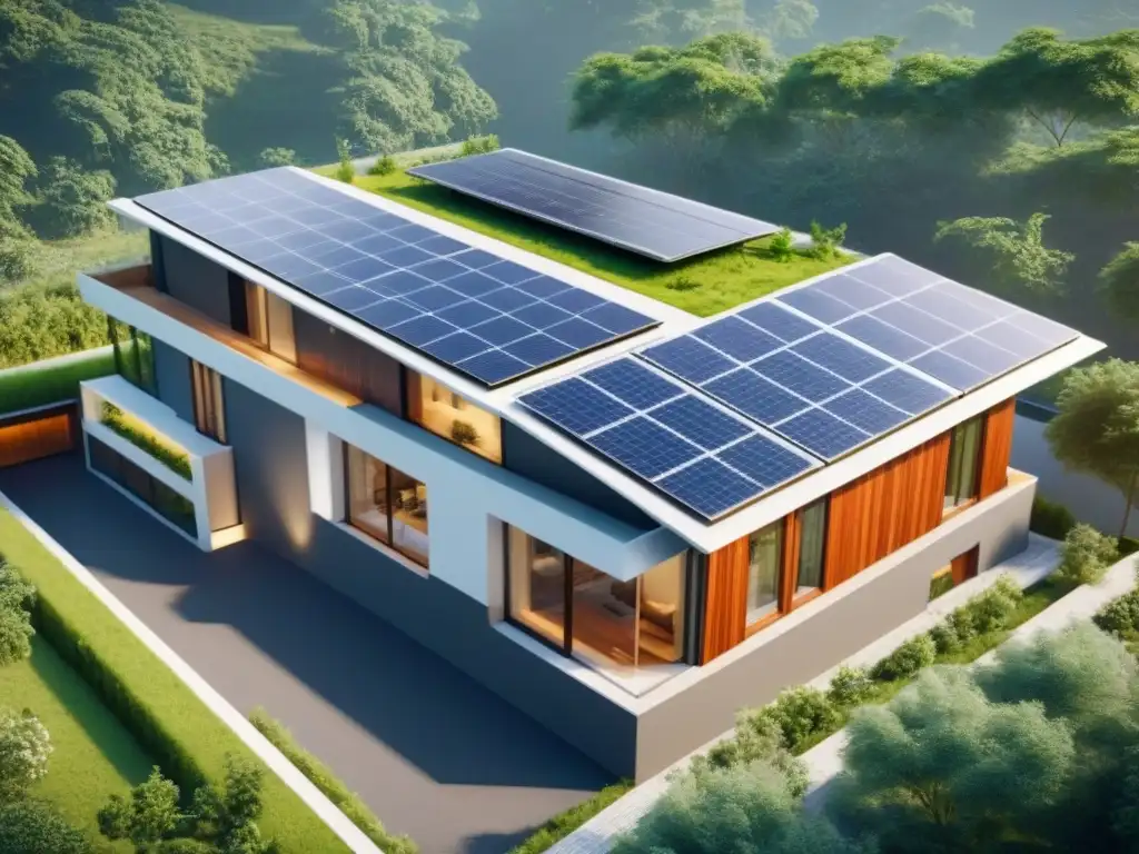 Residencial ecofriendly de lujo: diseño moderno y sostenible Vista detallada de un lujoso complejo residencial ecológico con criterios de diseño sostenible