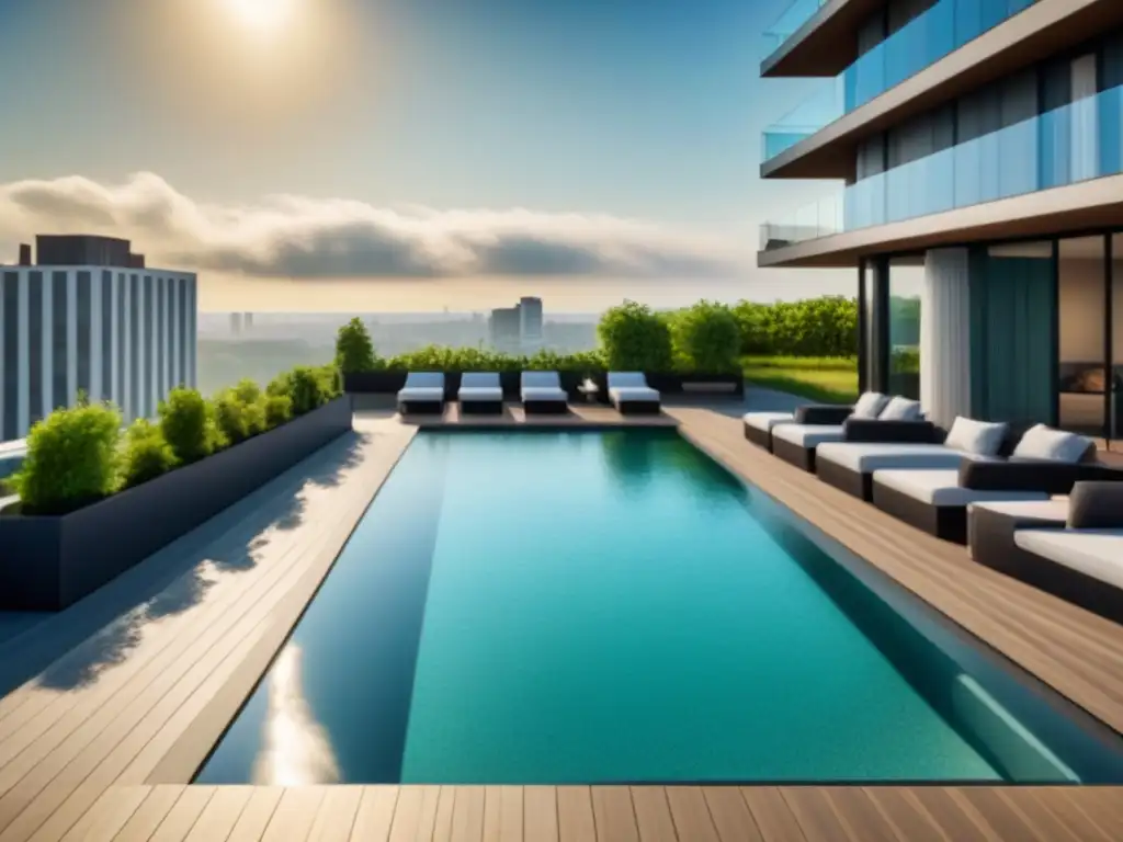 Rooftop pool de lujo en moderno edificio urbano Vista detallada de lujoso edificio con piscina en azotea y paisaje urbano, ideal para invertir en propiedades alquiler