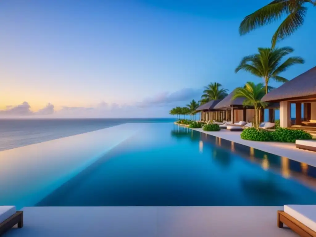 Resort de lujo en la playa: inversión en timeshare global Una vista 8K detallada de un lujoso resort frente a la playa con arquitectura moderna, piscinas infinitas y áreas de descanso elegantes