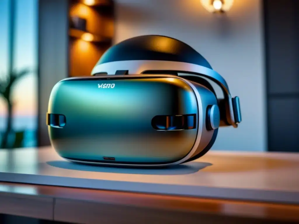 Headset de realidad virtual en lujosa propiedad vacacional Vista detallada de un lujoso visor de realidad virtual en una elegante propiedad vacacional