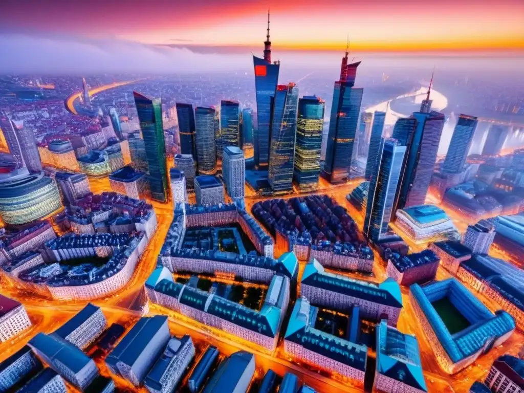 Transformación urbana en Varsovia: historia y modernidad Vista detallada de Varsovia, Polonia, con su mezcla de arquitectura histórica y moderna bajo el cálido atardecer