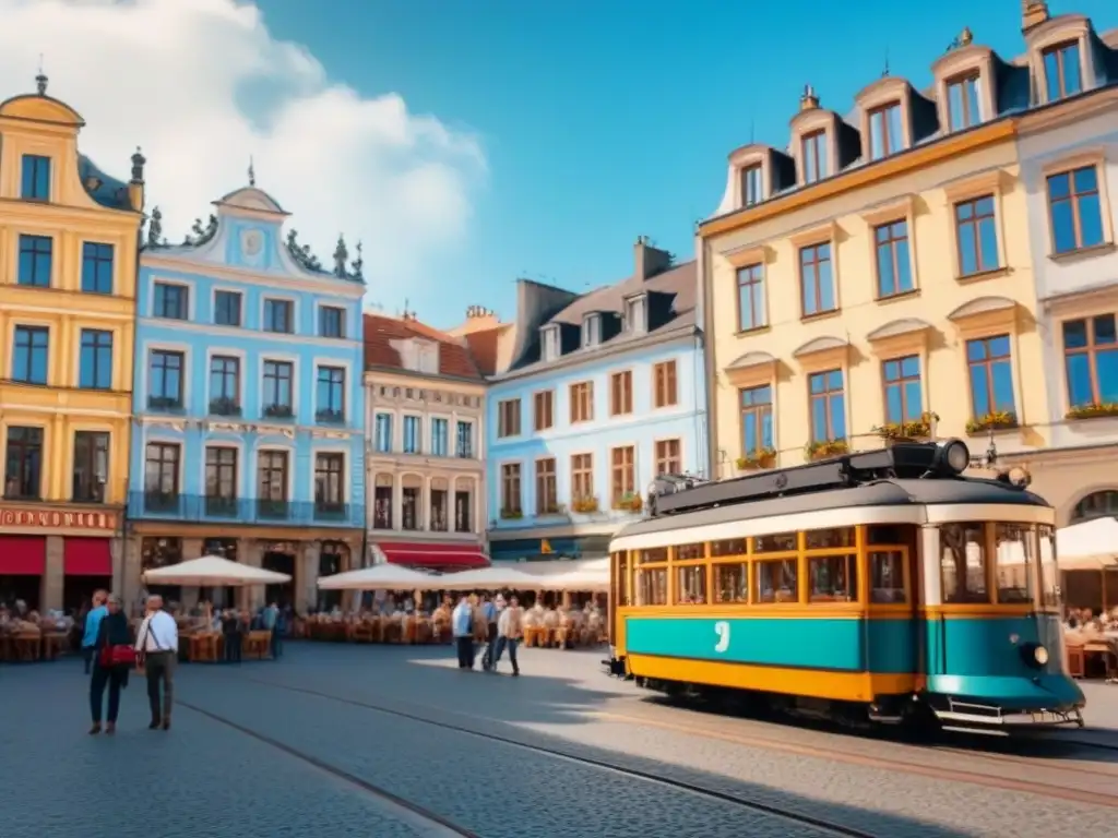 Plaza europea vibrante: turismo y arquitectura histórica Vista detallada de una plaza europea con edificios históricos restaurados, cafés llenos de turistas y un tranvía vintage