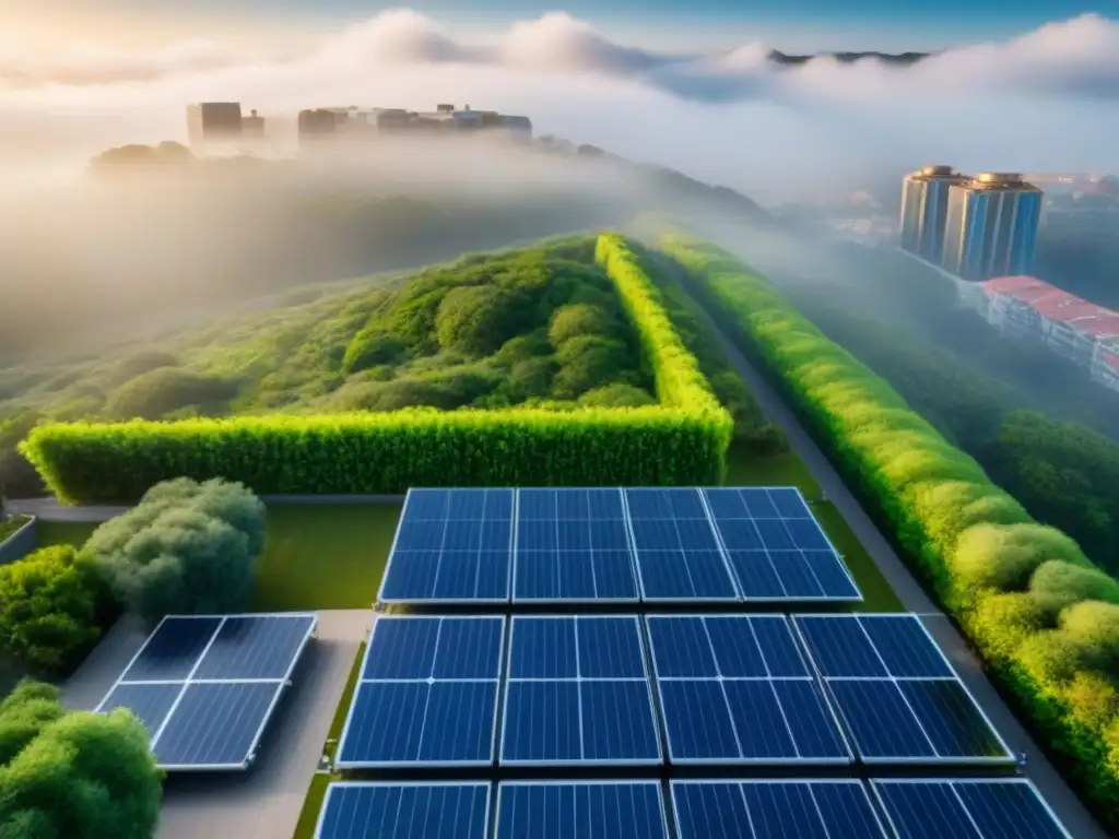 Rascacielos sostenible: diseño moderno con paneles solares y vegetación 'Vista detallada de un rascacielos moderno y sostenible con paneles solares e integración de vegetación