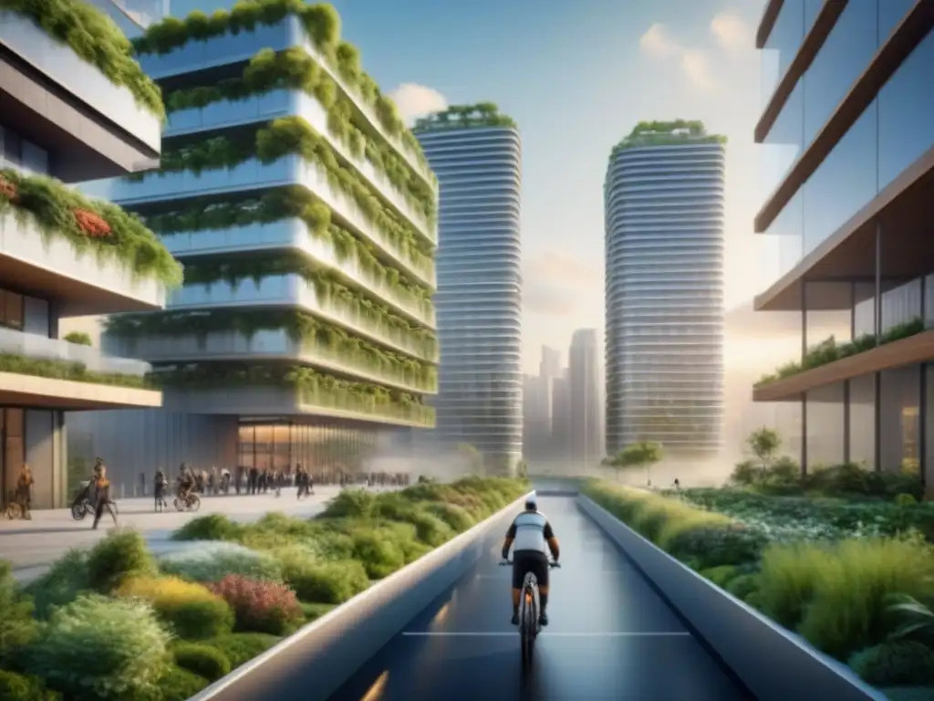 Rascacielos sostenible: fusión futurista con la naturaleza urbana Vista detallada de un rascacielos sostenible en un paisaje urbano, destacando la fusión entre naturaleza y diseño moderno