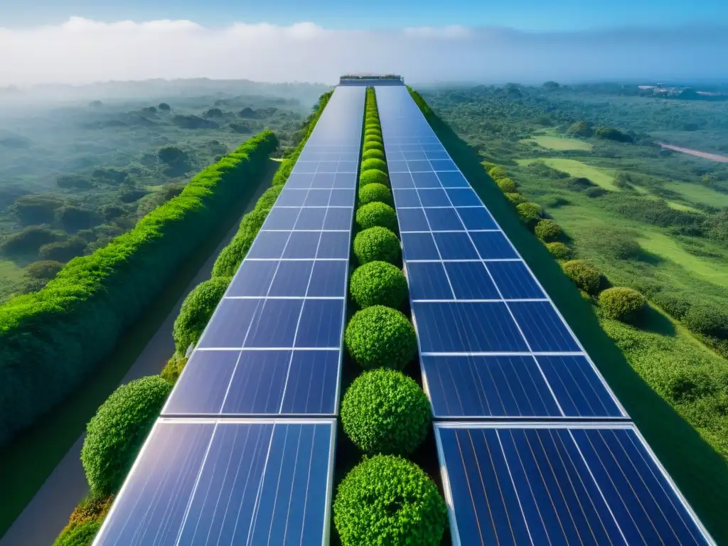 Rascacielos sostenible: fusión perfecta de naturaleza y tecnología Vista detallada de rascacielos sostenible rodeado de vegetación, paneles solares y cielo azul