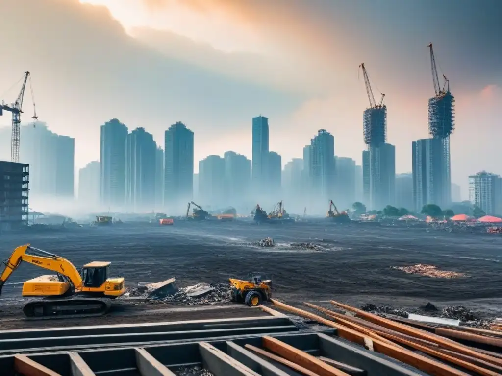 Resiliencia urbana: Reconstrucción postdesastre en 8k Vista detallada de la reconstrucción postdesastre de una ciudad, destacando la importancia de las normativas reconstrucción propiedades postdesastres