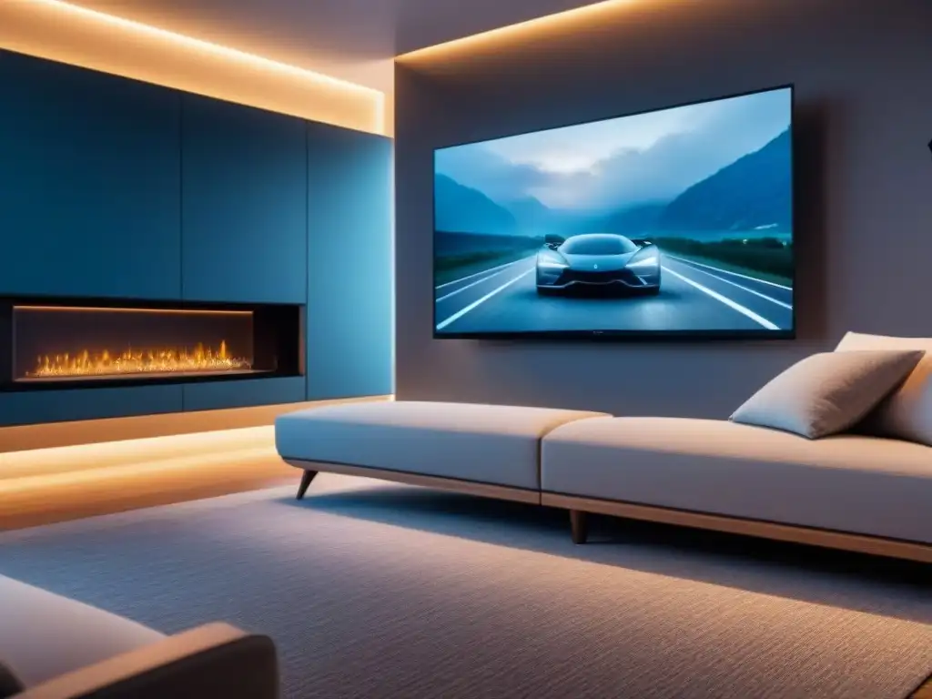Sistema de seguridad para hogar futurista con IA en sala moderna Vista detallada de sistemas de alarma inmobiliaria avanzados en un hogar futurista y elegante con tecnología de vanguardia