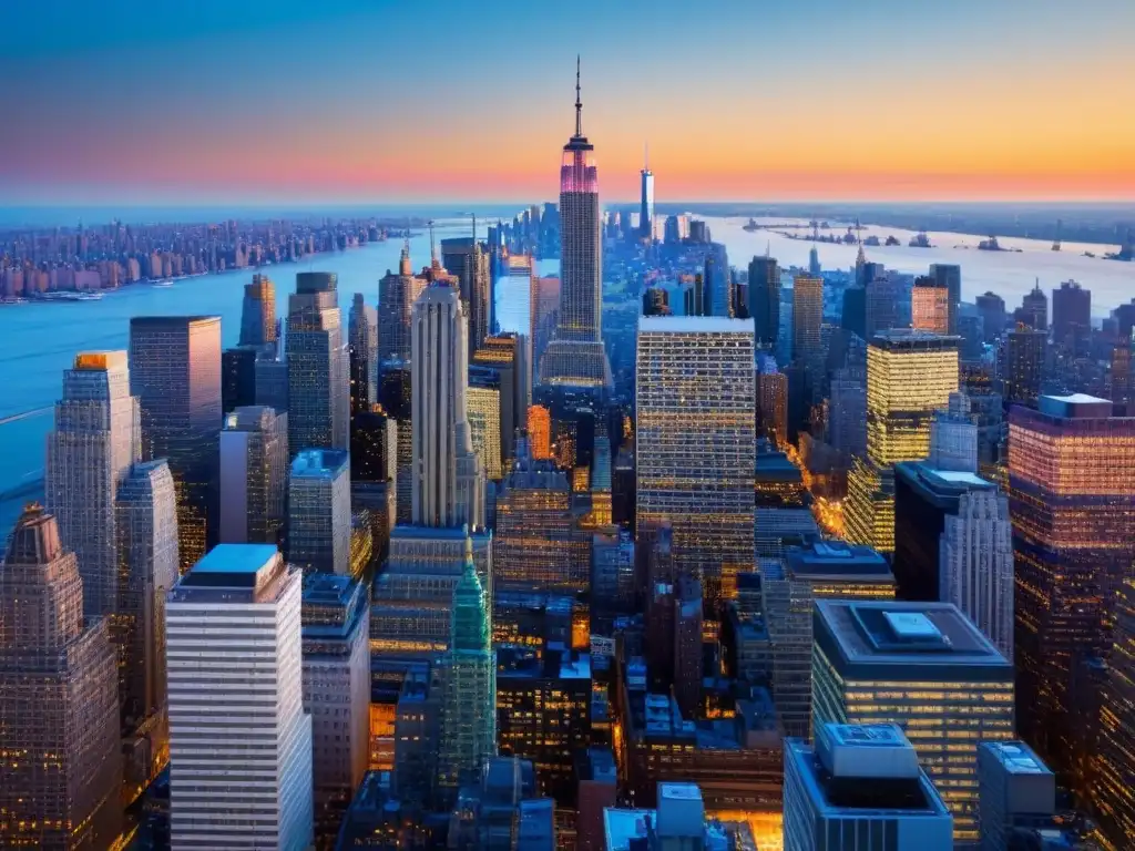 Horizonte de Nueva York al atardecer: luces y modernidad Vista detallada del skyline de Nueva York al atardecer con el Empire State y el One World Trade Center