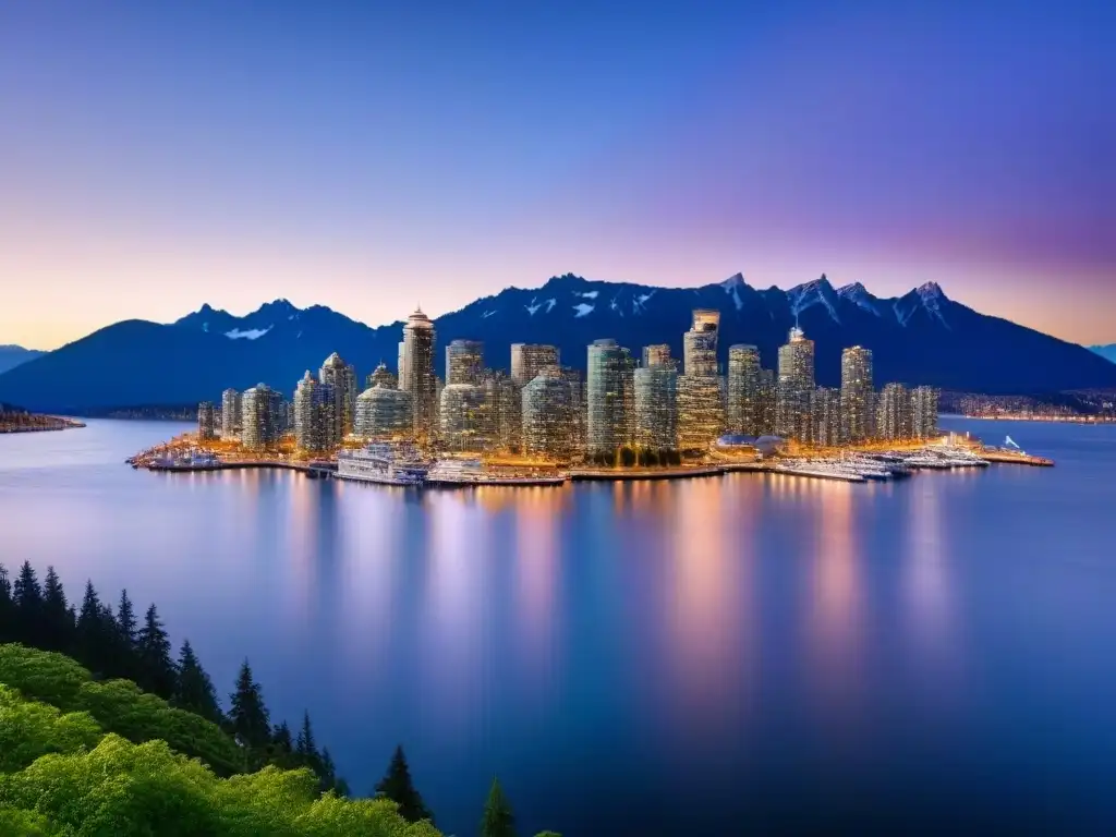 Horizonte de Vancouver: modernidad urbana en crepúsculo Vista detallada del skyline de Vancouver al anochecer, reflejando el mercado inmobiliario internacional