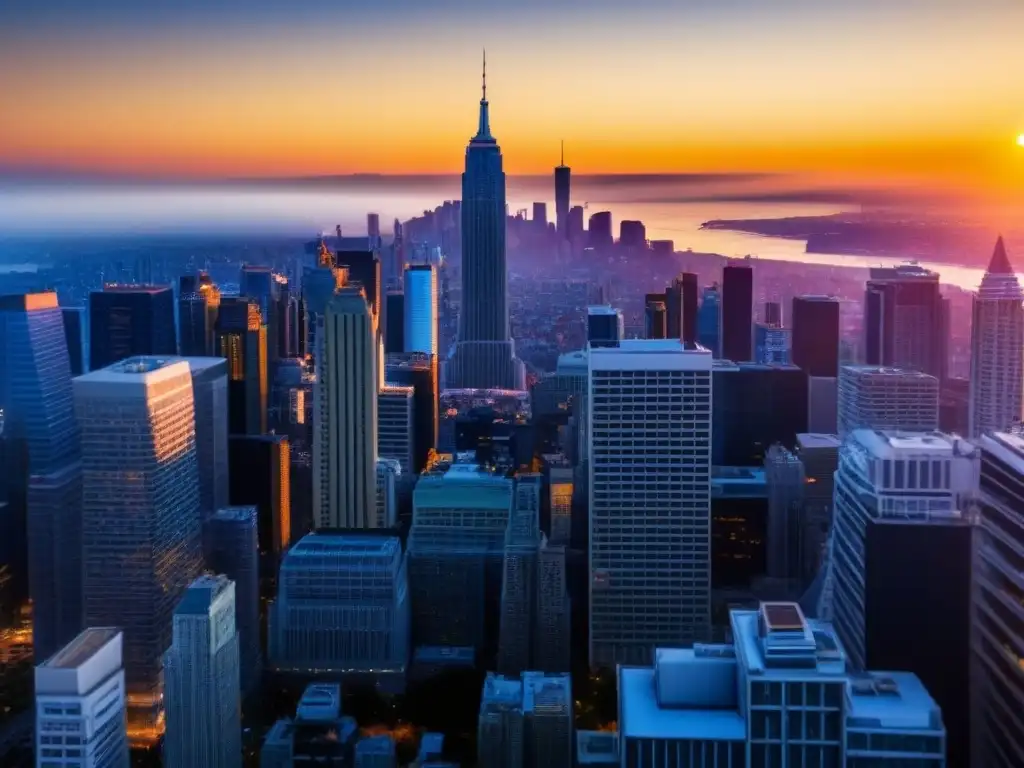 Horizonte urbano moderno: atardecer dorado en la ciudad Vista espectacular de la ciudad moderna con rascacielos al atardecer