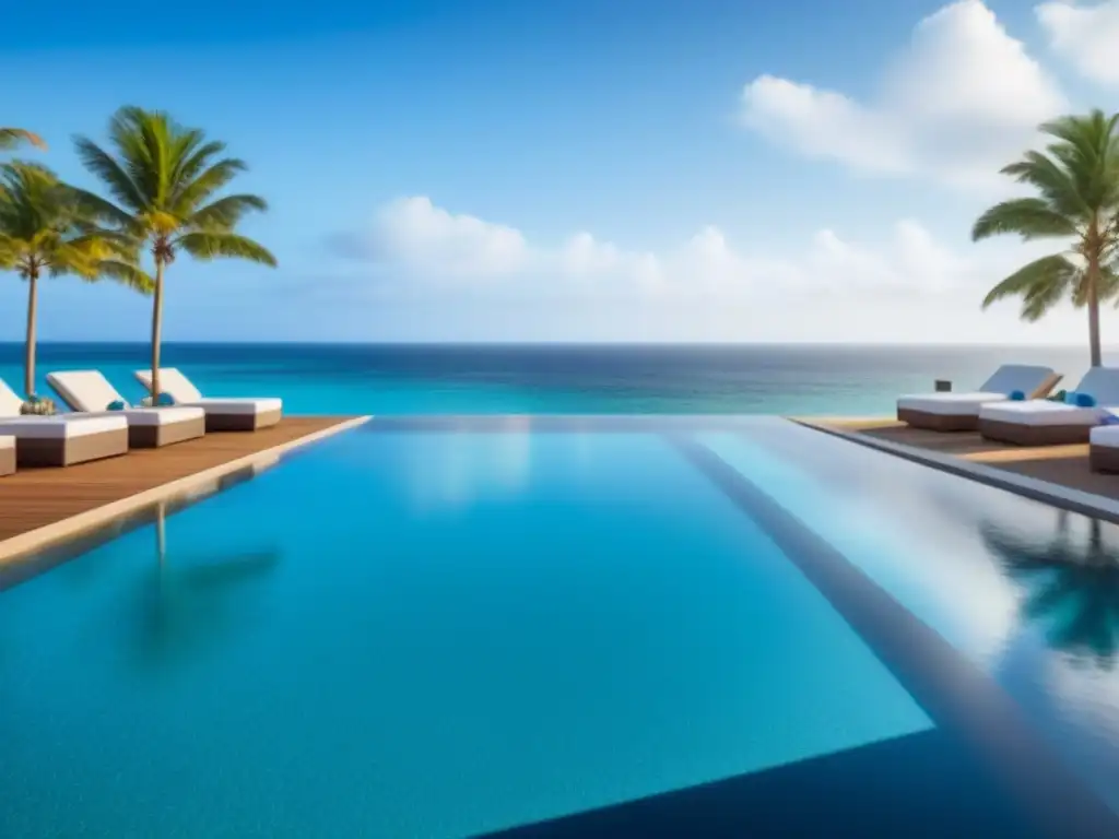 Exclusivo paraíso playero: piscina infinita, palmeras y moderno resort Vista exclusiva: piscina infinita de lujo con playa y palmeras, sillas elegantes y resort moderno