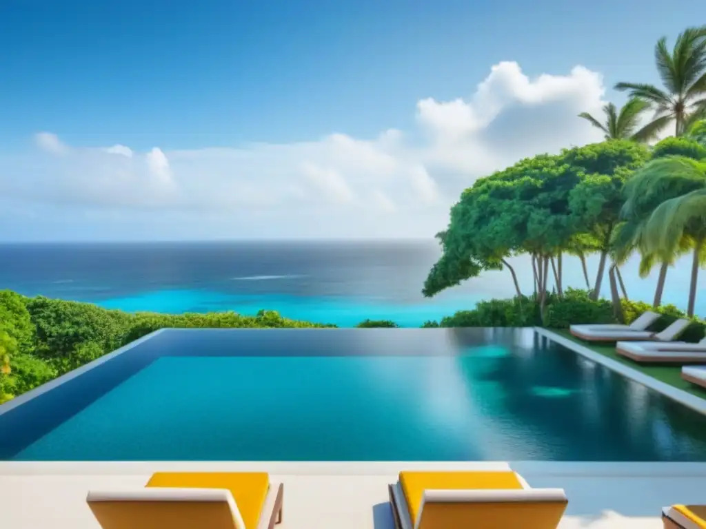 Exclusiva piscina infinita en paraíso tropical Vista exclusiva de piscina infinita en resort de tiempo compartido lujo, con playa, sillas y vegetación tropical bajo cielo azul