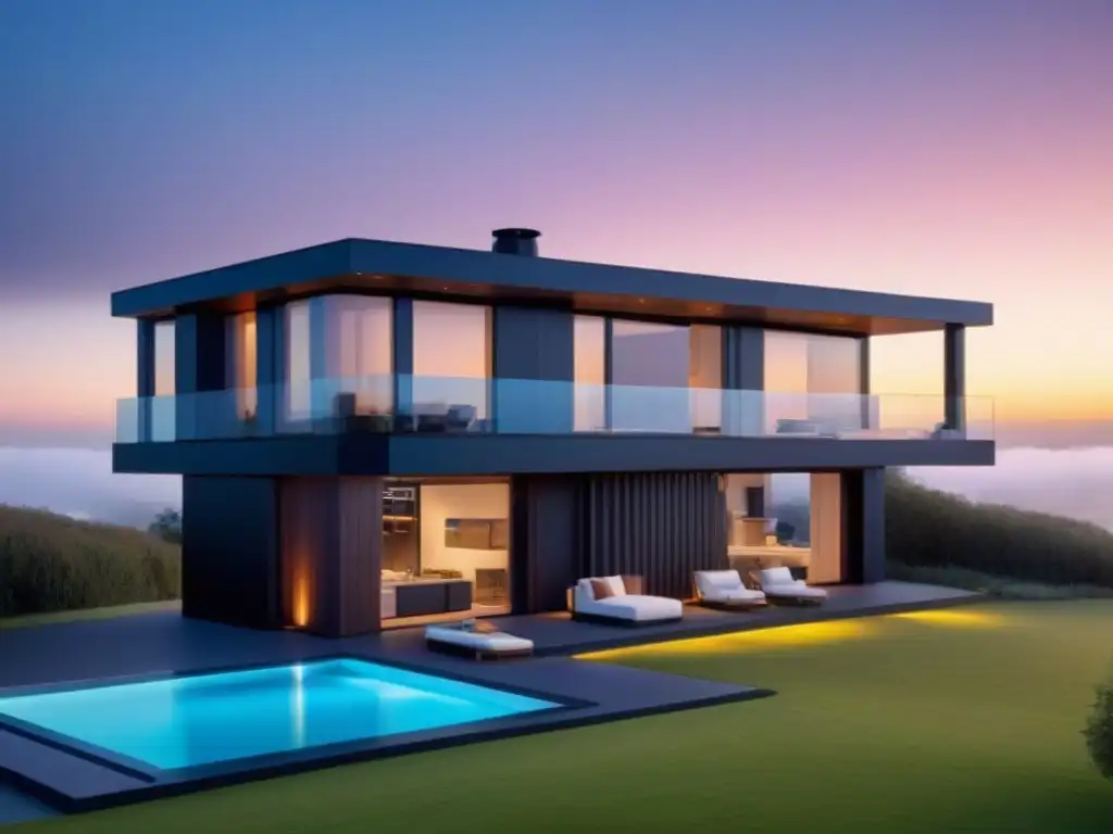 Casa inteligente futurista: diseño avanzado para inquilinos modernos Vista exterior de una casa inteligente de alquiler con diseño futurista y tecnología avanzada