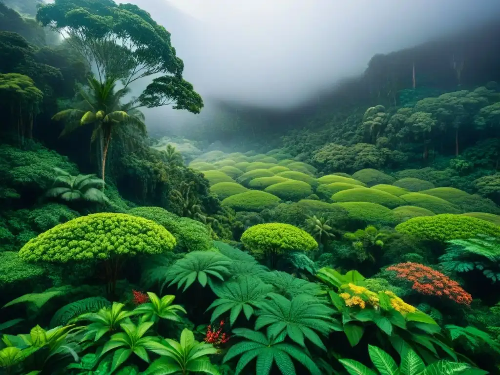 Espléndido dosel de selva tropical: vida y luz en cascada Una vista fascinante de un dosel de selva exuberante desde arriba, destacando la diversa vegetación y la luz solar filtrándose entre las hojas