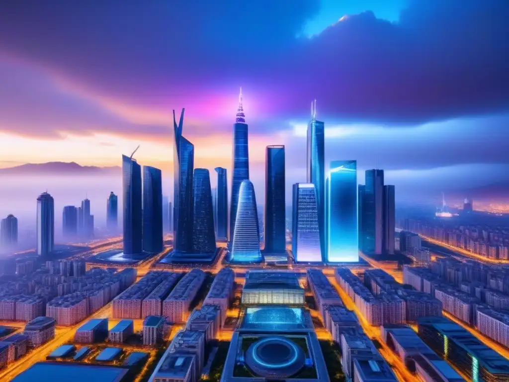 Cityscape futurista: ciberseguridad holográfica en 8k Vista futurista de ciberseguridad en mercado inmobiliario global con rascacielos iluminados y símbolos digitales