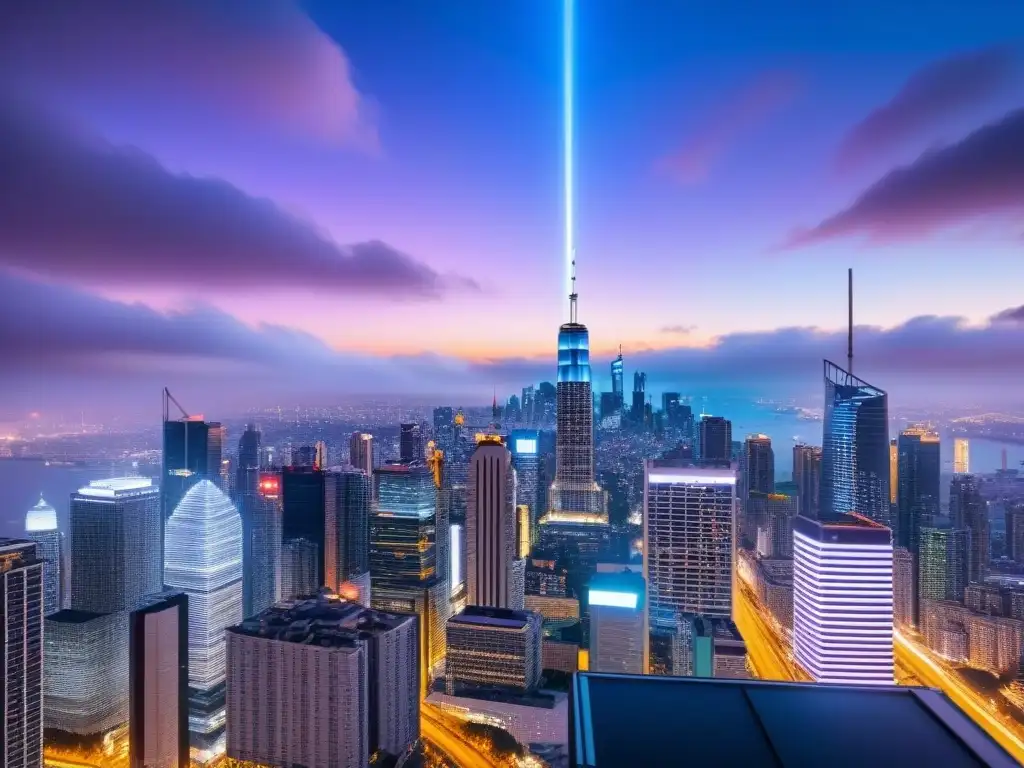 Cityscape futurista con tecnología blockchain Vista futurista de la ciudad con aplicaciones blockchain en el mercado inmobiliario