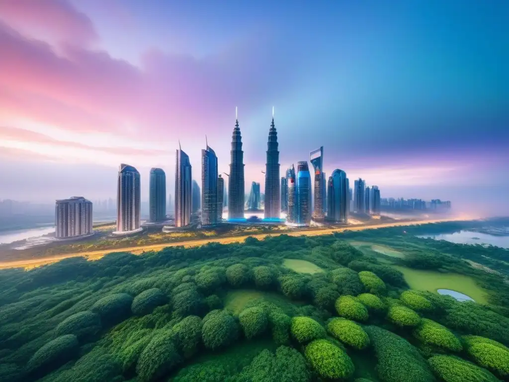 Metrópolis futurista: innovación y sostenibilidad en 8k Vista futurista de la ciudad con arquitectura innovadora y áreas verdes, reflejando inversiones inmobiliarias internacionales postcrisis