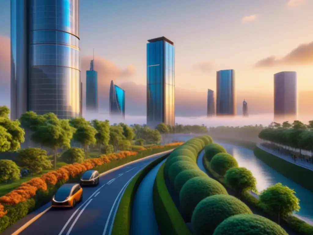 Futurismo sostenible: ciudad 8k eco-innovadora Vista futurista de una ciudad con arquitectura innovadora y sostenible, mostrando tendencias mercado inmobiliario postcrisis