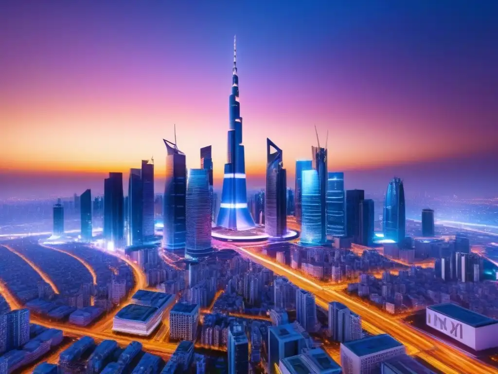 Horizonte futurista: ciudad innovadora en 8k Vista futurista de una ciudad al atardecer con rascacielos avanzados iluminados, reflejando innovación y conexión global