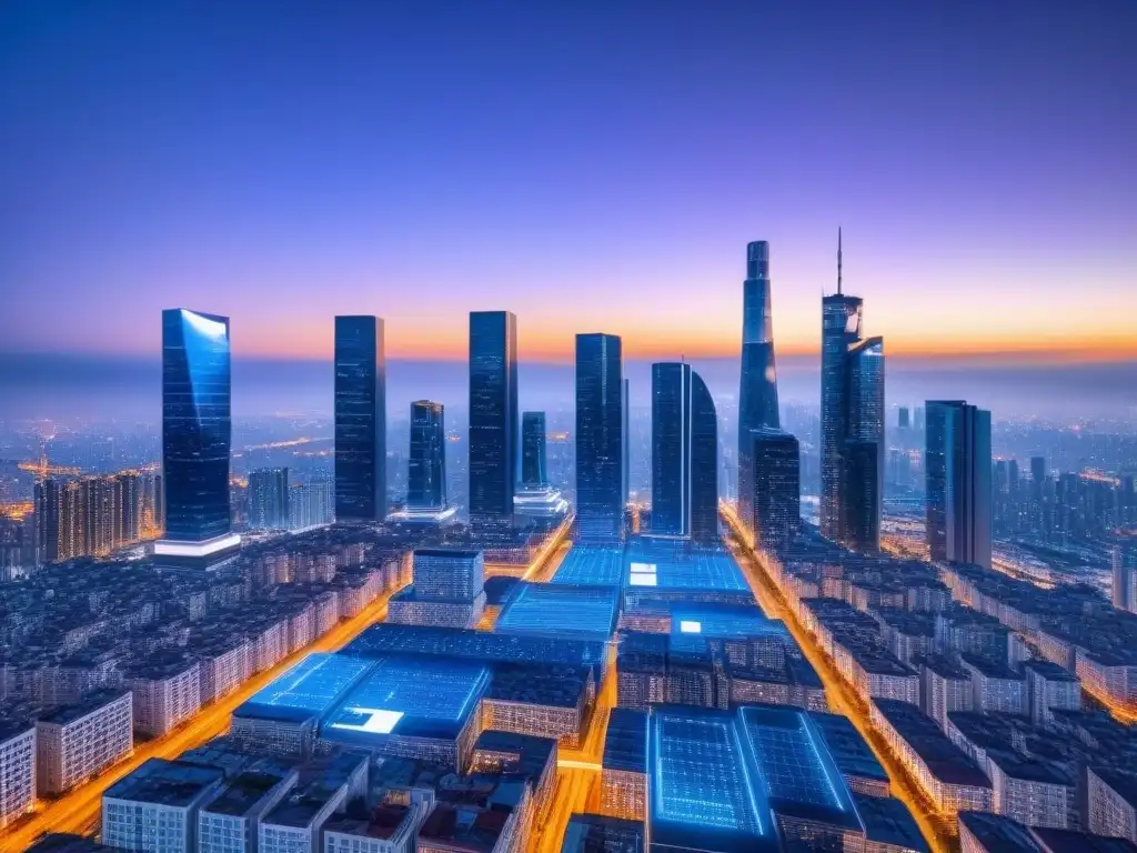 Metrópolis del futuro con tecnología PropTech Vista futurista de la ciudad al atardecer con rascacielos tecnológicos y líneas brillantes, integrando Plataformas PropTech en mercado inmobiliario
