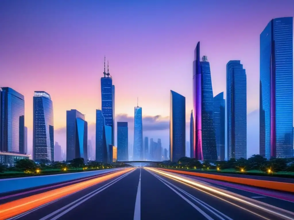 Metrópolis futurista: tecnología avanzada en la vida urbana Vista futurista de la ciudad al atardecer con tecnologías disruptivas en viviendas y financiamiento, iluminada por luces de neón vibrantes