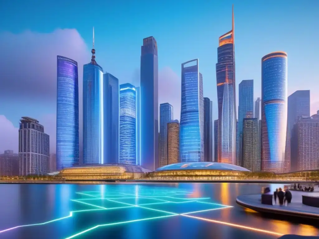 Metrópolis futurista con realidad aumentada para inmobiliaria Vista futurista de la ciudad al atardecer con realidad aumentada en propiedades en Norteamérica