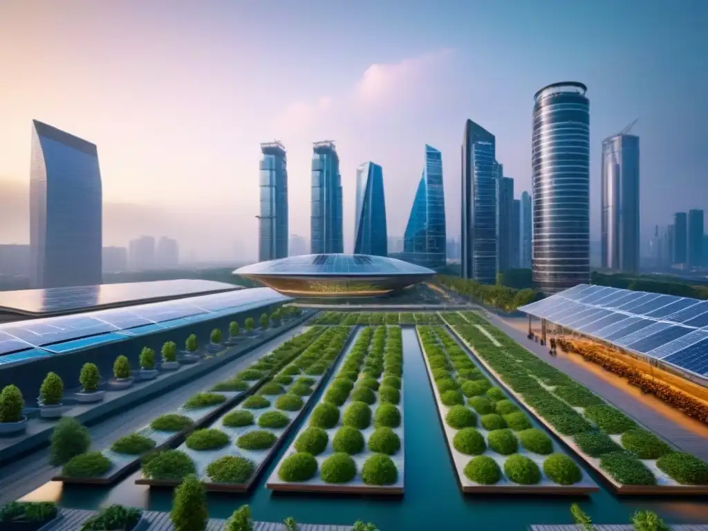 Metrópolis futurista eco-friendly: armonía urbana y naturaleza Vista futurista de la ciudad al atardecer con rascacielos sostenibles y espacios verdes, simbolizando el impacto positivo de restricciones ambientales en mercados inmobiliarios