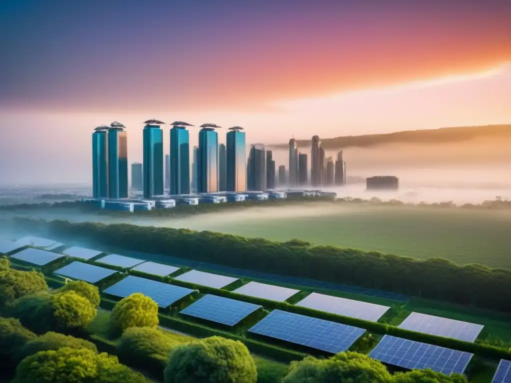 Horizonte urbano futurista sostenible al atardecer Vista futurista de una ciudad al atardecer, con rascacielos integrando espacios verdes y paneles solares, reflejando políticas innovadoras en vivienda