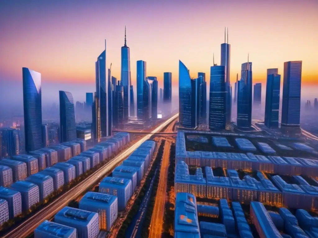 Innovación inmobiliaria: ciudad futurista al atardecer Vista futurista de la ciudad al atardecer con rascacielos y vehículos autónomos, reflejando una avanzada tecnología