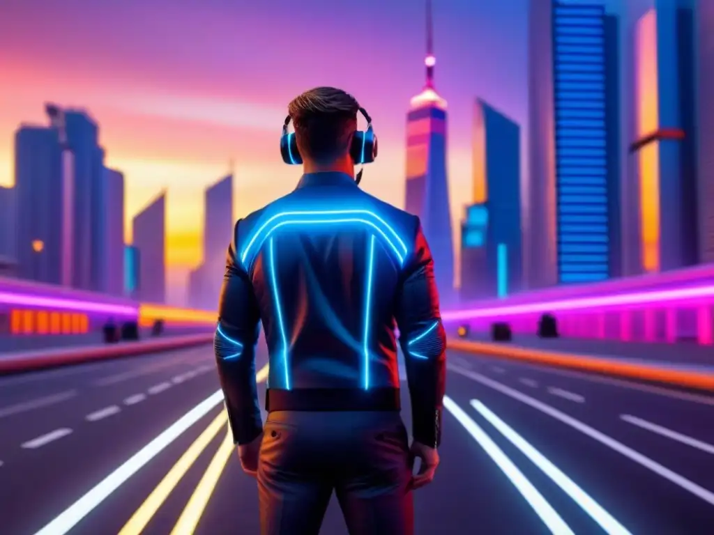 Futurismo urbano: ciudad nocturna con rascacielos y luces brillantes Vista futurista de ciudad al atardecer con rascacielos brillantes, luces neón y aumento primas seguros propiedades comerciales