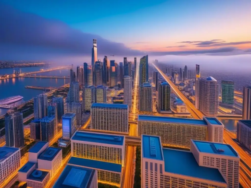Metrópolis del futuro: edificios innovadores y autos voladores Vista futurista de la ciudad al atardecer con rascacielos iluminados, autos voladores y autopistas brillantes