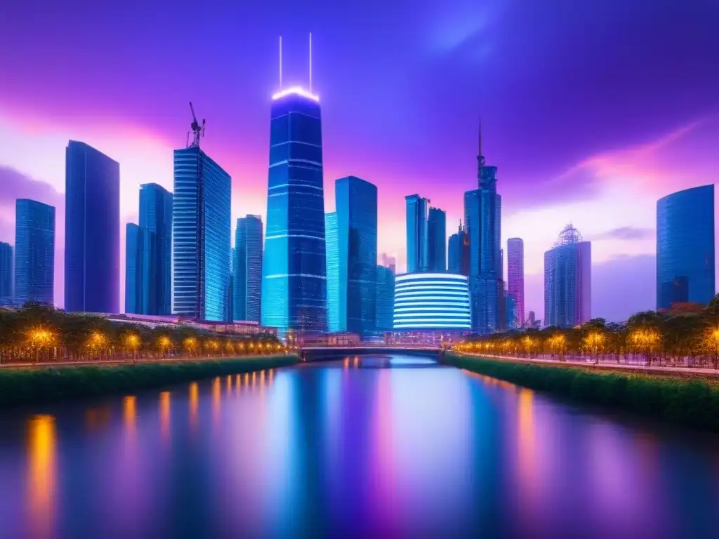 Metrópolis futurista: innovación y tecnología en gestión inmobiliaria Vista futurista de la ciudad al atardecer, con rascacielos iluminados y cartelera digital