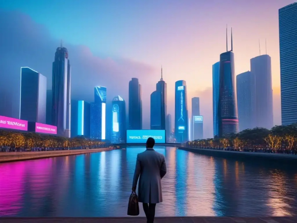 Metrópolis futurista con IA: busqueda de hogares en pantalla Vista futurista de una ciudad al atardecer con Inteligencia Artificial en Compra Inmobiliaria