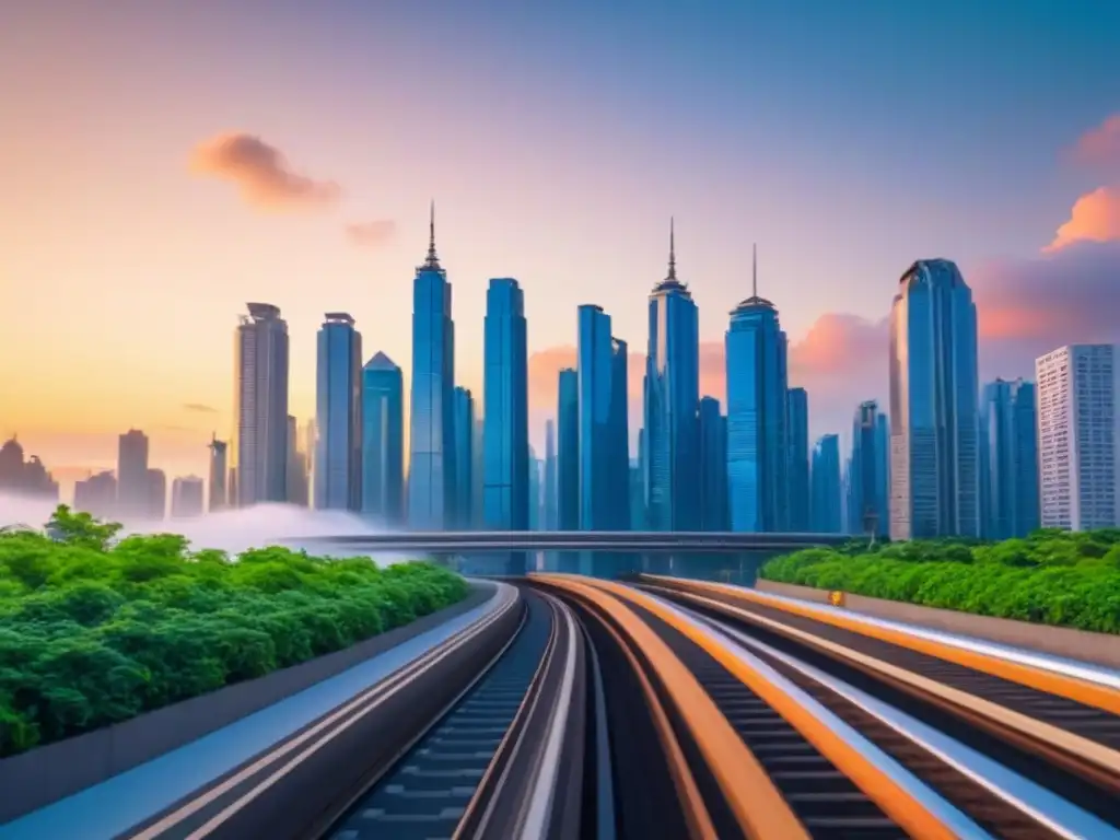 Horizonte futurista: ciudad innovadora en 8k Vista futurista de ciudad al atardecer con rascacielos y sistemas de transporte avanzados, integrando naturaleza