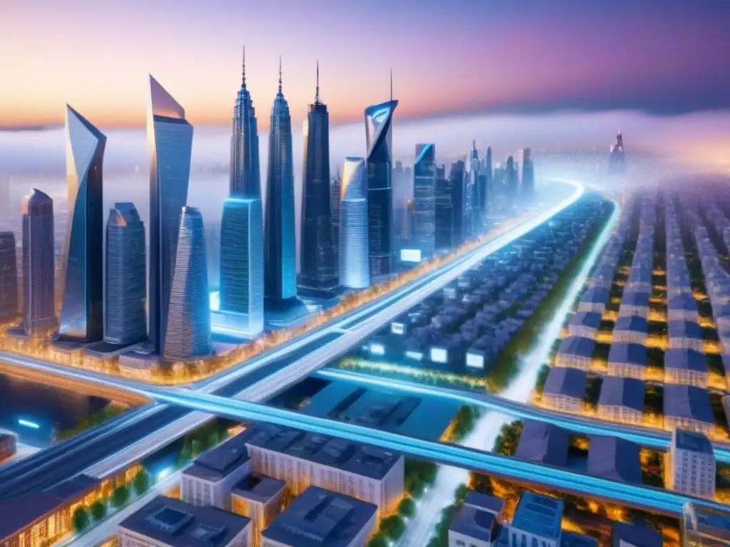 Metrópolis futurista 8K: tecnología avanzada en cada rincón Vista futurista de ciudad avanzada con tecnología en regulación inmobiliaria en Norteamérica
